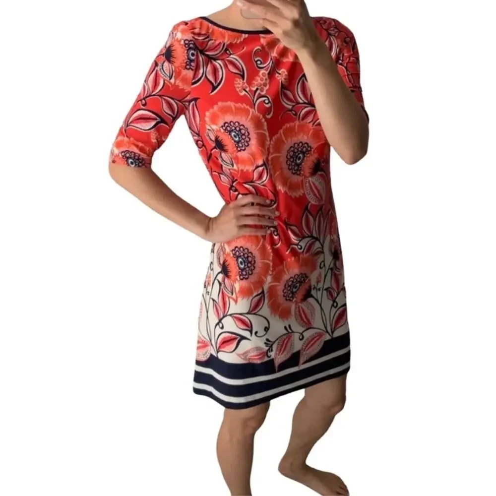 Eliza J Short Sleeve Red Orange Navy Big Floral Sheath Dress Size 2 - Picture 2 of 12